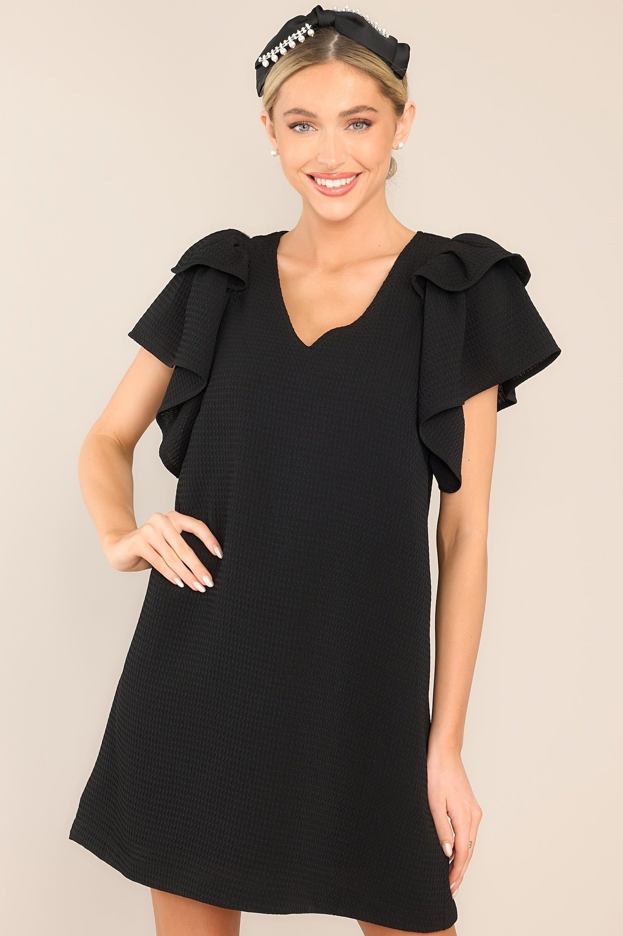 CAIDO Women's V-Neck Flutter Sleeve A-Line Dress Loose Fit Polyester Dress