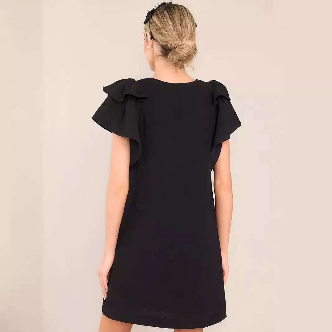CAIDO Women's V-Neck Flutter Sleeve A-Line Dress Loose Fit Polyester Dress