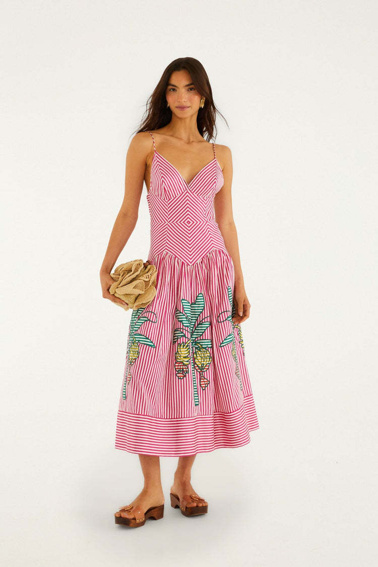 CAIDO Women's Linen Blend V-Neck Midi Dress Sleeveless Striped A-Line Dress