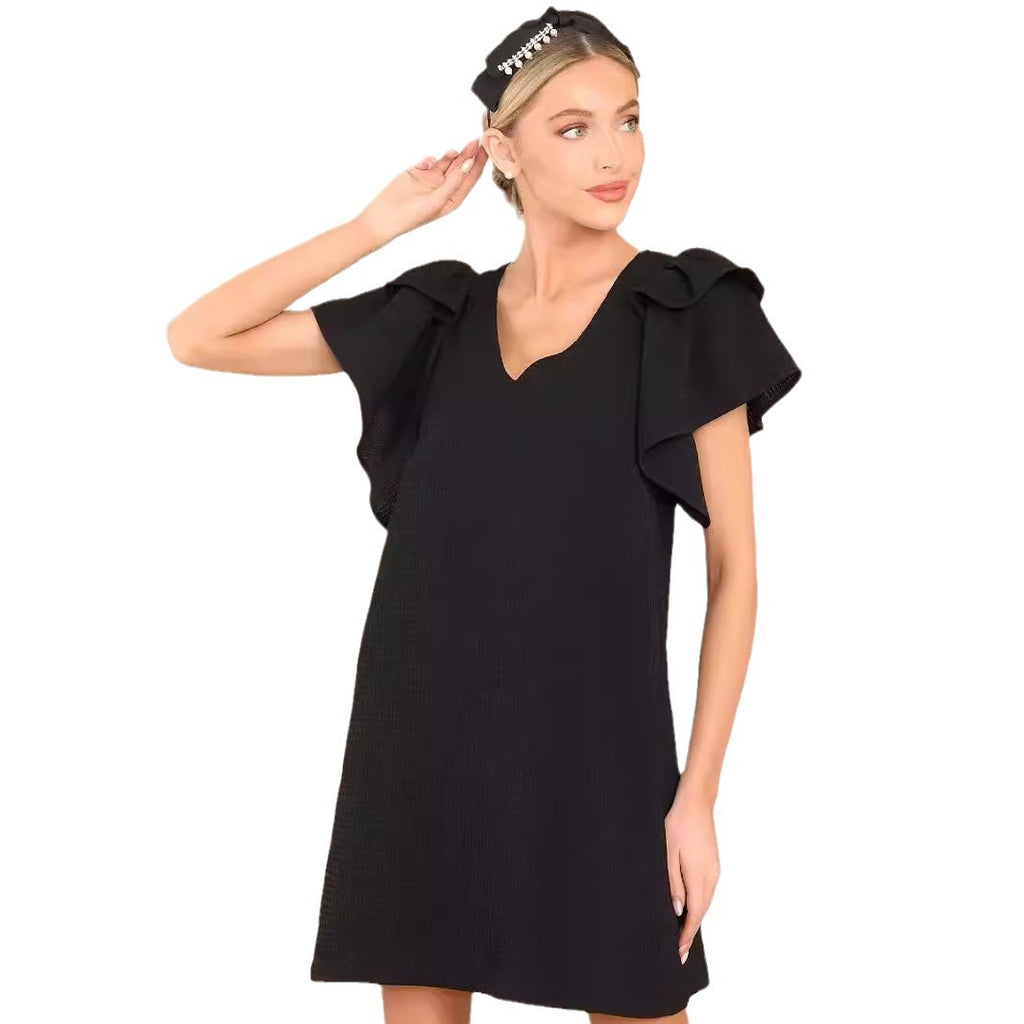 CAIDO Women's V-Neck Flutter Sleeve A-Line Dress Loose Fit Polyester Dress