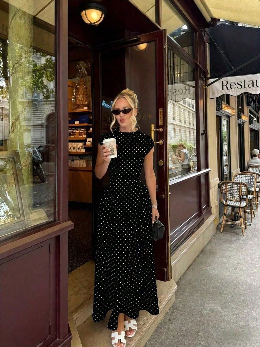 CAIDO Women's Polka Dot A-Line Maxi Dress Short Sleeve Polyester Dress