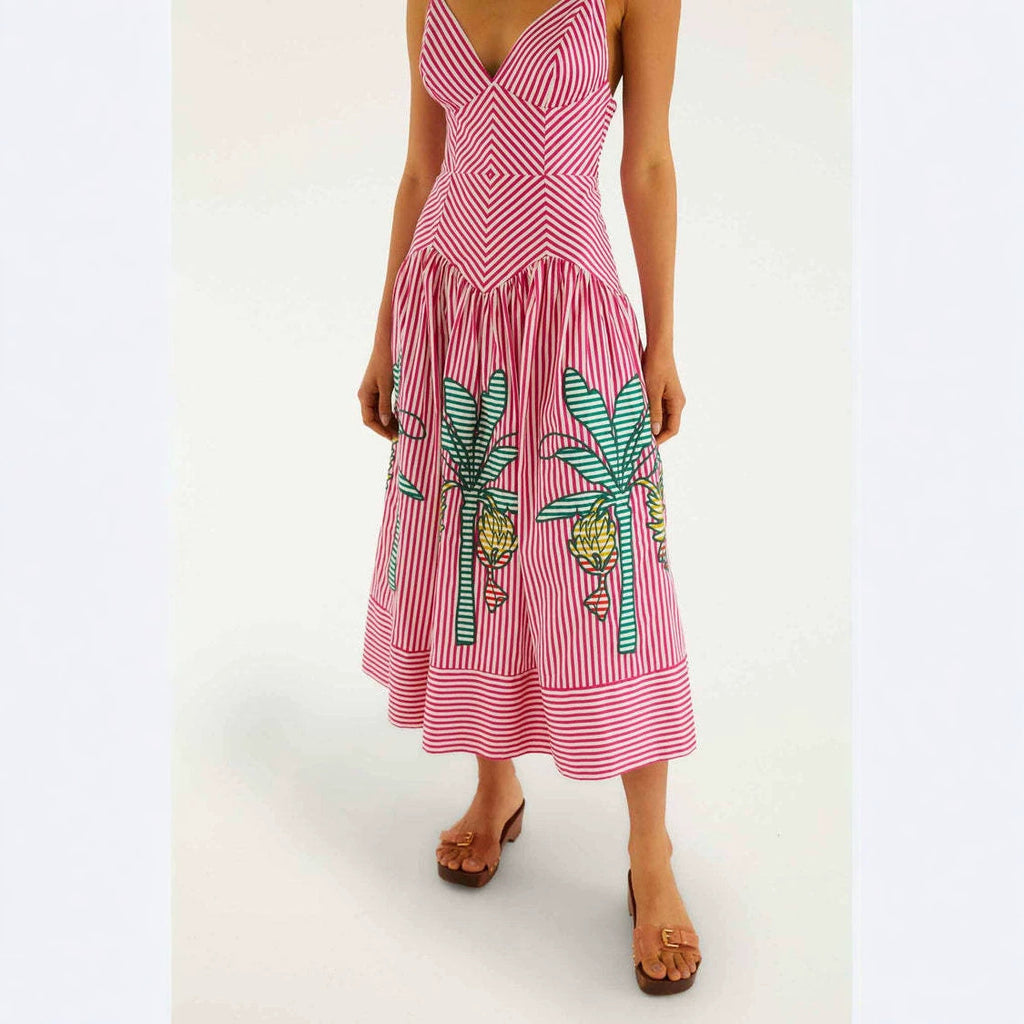 CAIDO Women's Linen Blend V-Neck Midi Dress Sleeveless Striped A-Line Dress