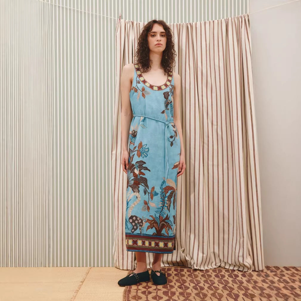 CAIDO Women's Linen Blend Floral Maxi Dress Sleeveless Full Skirt Dress