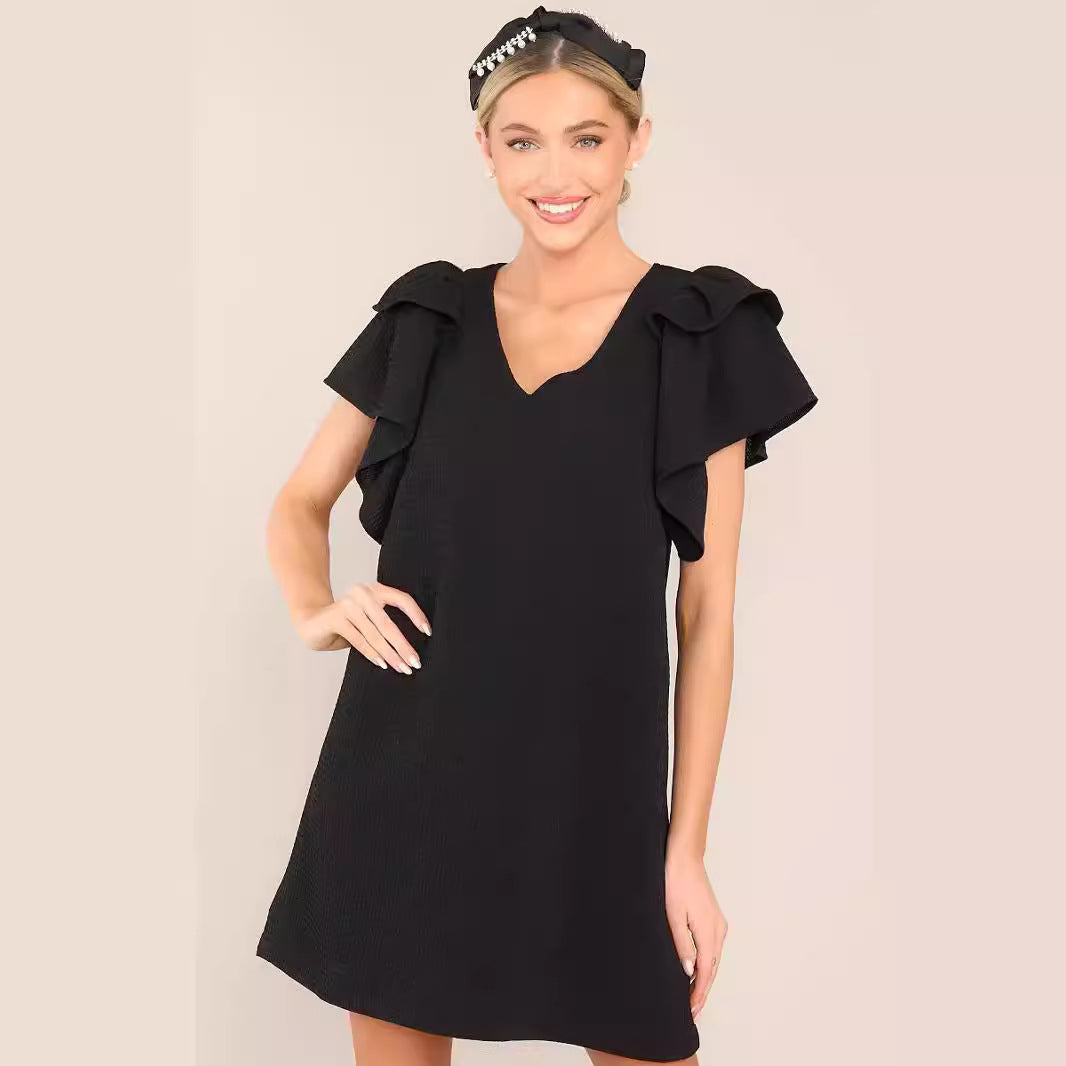 CAIDO Women's V-Neck Flutter Sleeve A-Line Dress Loose Fit Polyester Dress