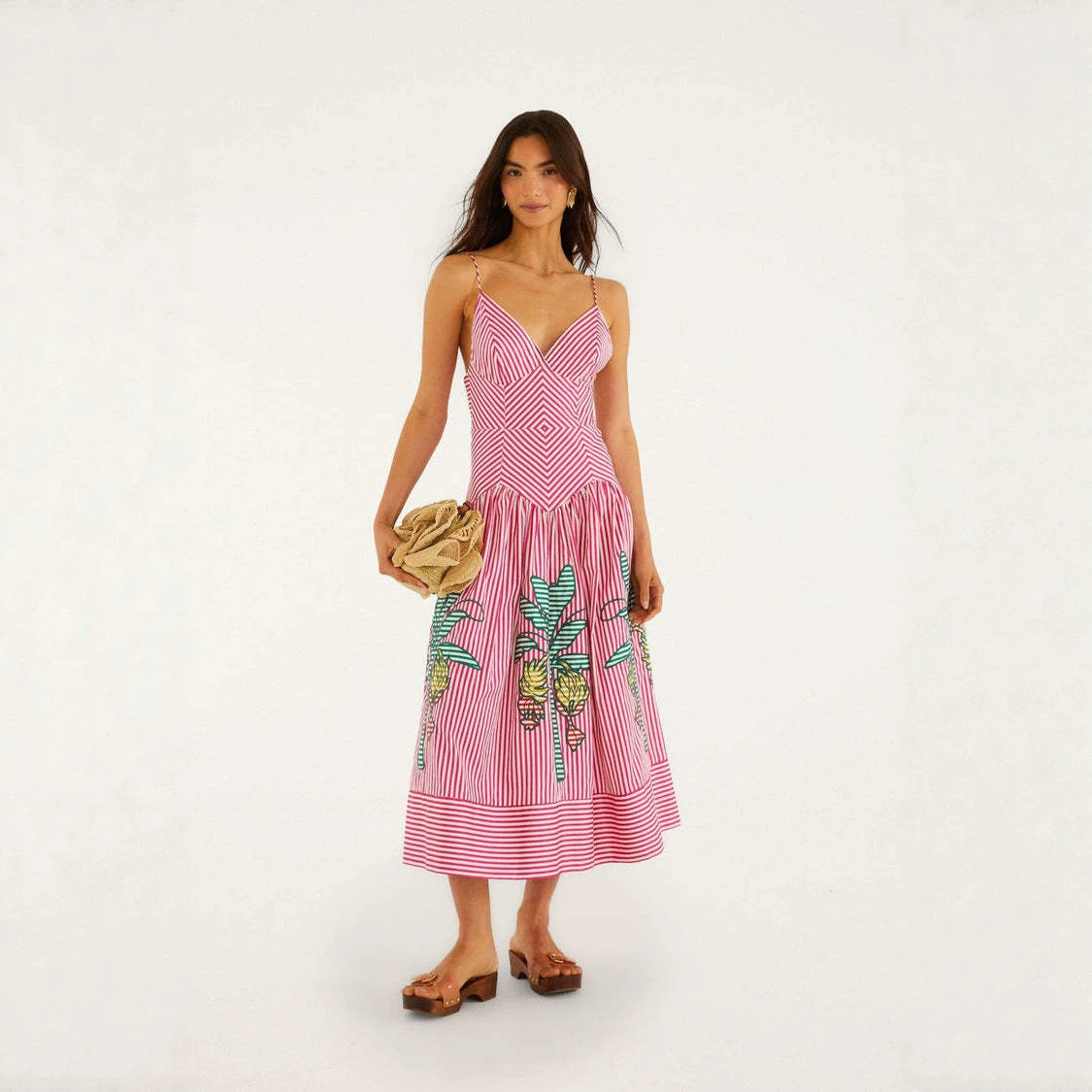 CAIDO Women's Linen Blend V-Neck Midi Dress Sleeveless Striped A-Line Dress