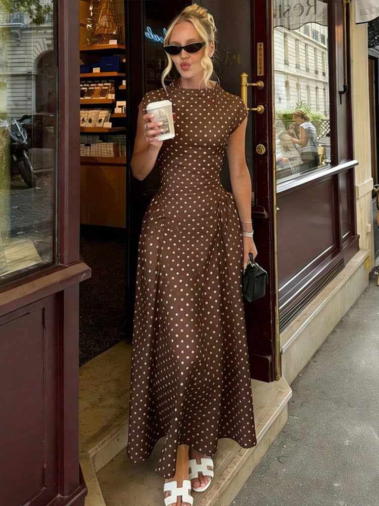 CAIDO Women's Polka Dot A-Line Maxi Dress Short Sleeve Polyester Dress