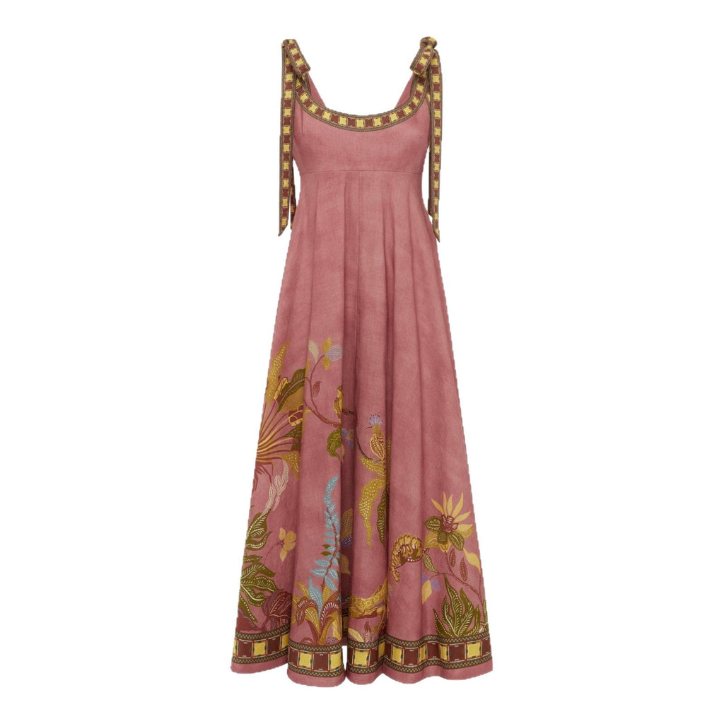 CAIDO Women's Linen Blend Tie Detail Printed Maxi Dress Sleeveless Dress