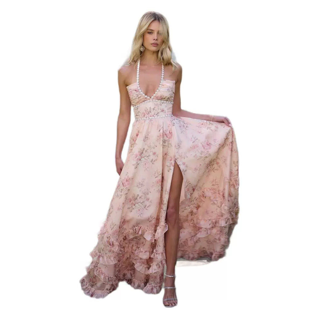 CAIDO Women's Floral Chiffon Maxi Dress Sleeveless Beaded Polyester Dress