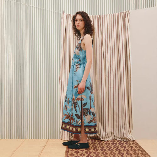 CAIDO Women's Linen Blend Floral Maxi Dress Sleeveless Full Skirt Dress