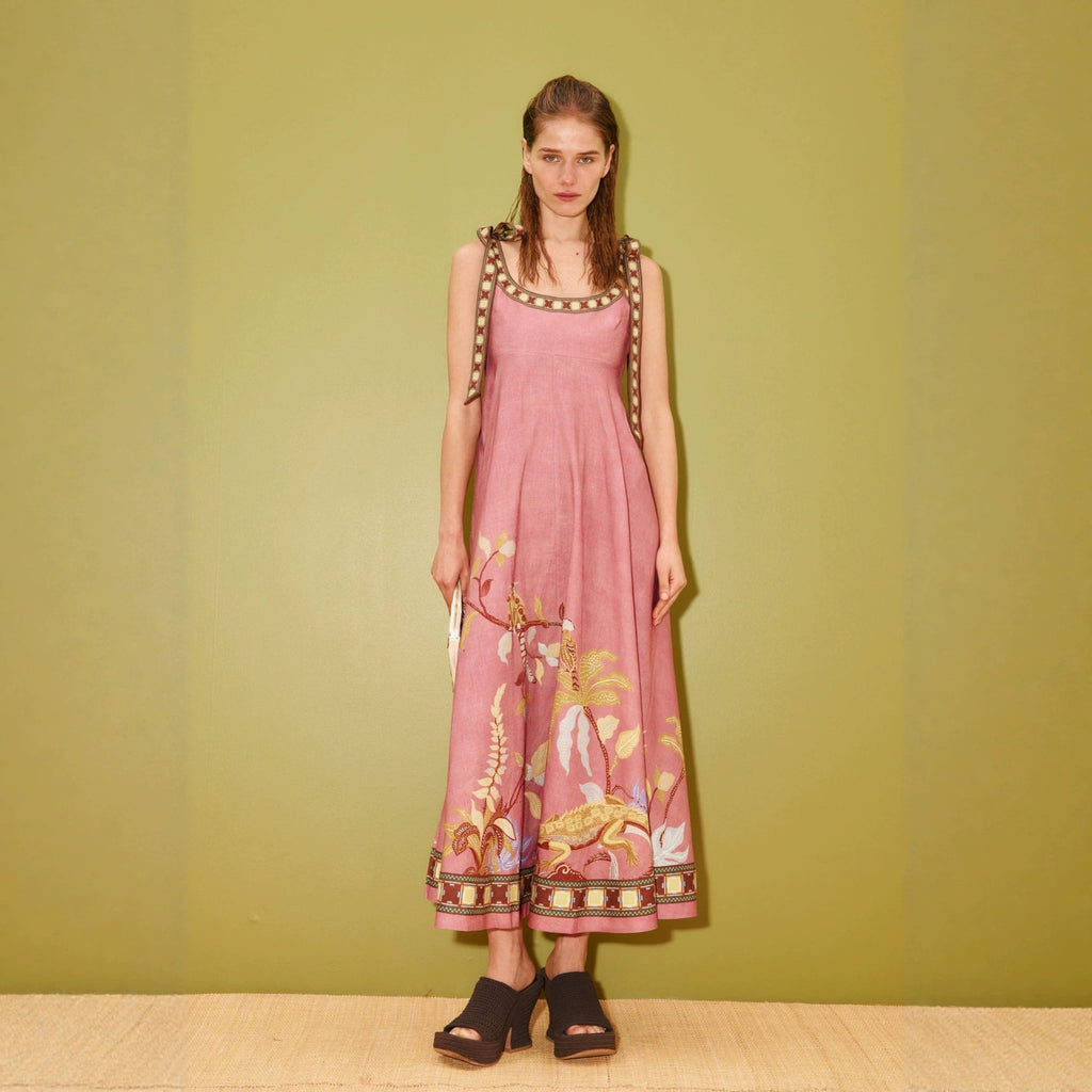 CAIDO Women's Linen Blend Tie Detail Printed Maxi Dress Sleeveless Dress