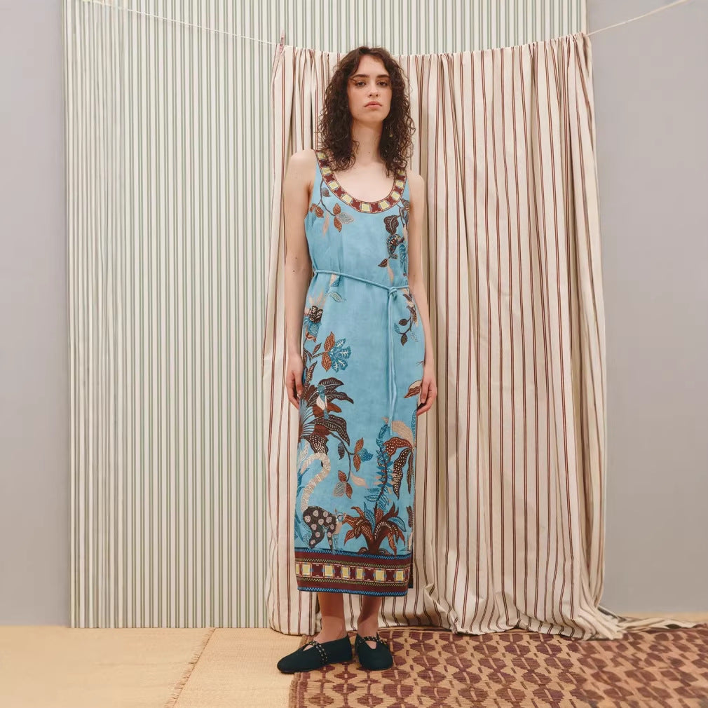 CAIDO Women's Linen Blend Floral Maxi Dress Sleeveless Full Skirt Dress