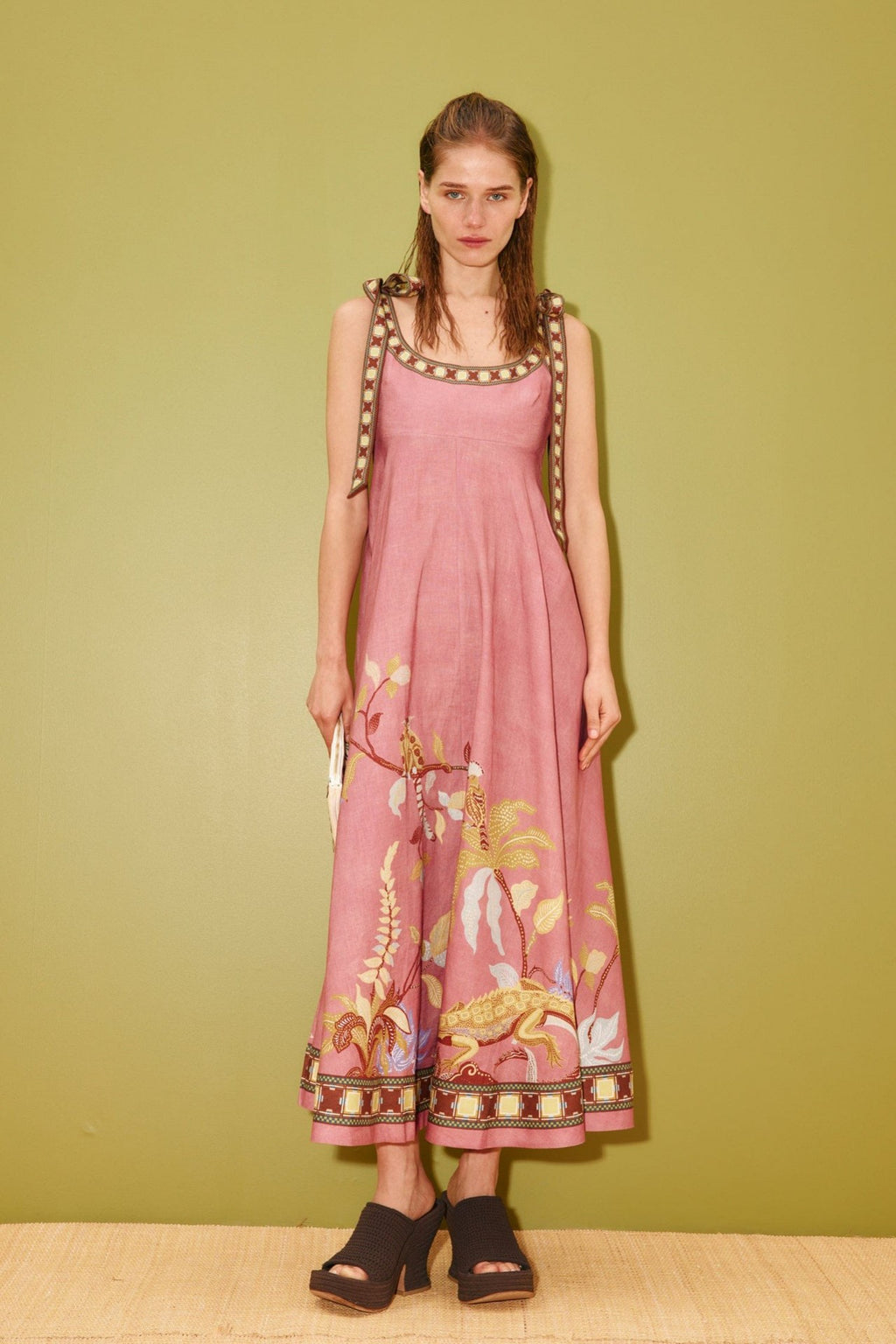 CAIDO Women's Linen Blend Tie Detail Printed Maxi Dress Sleeveless Dress