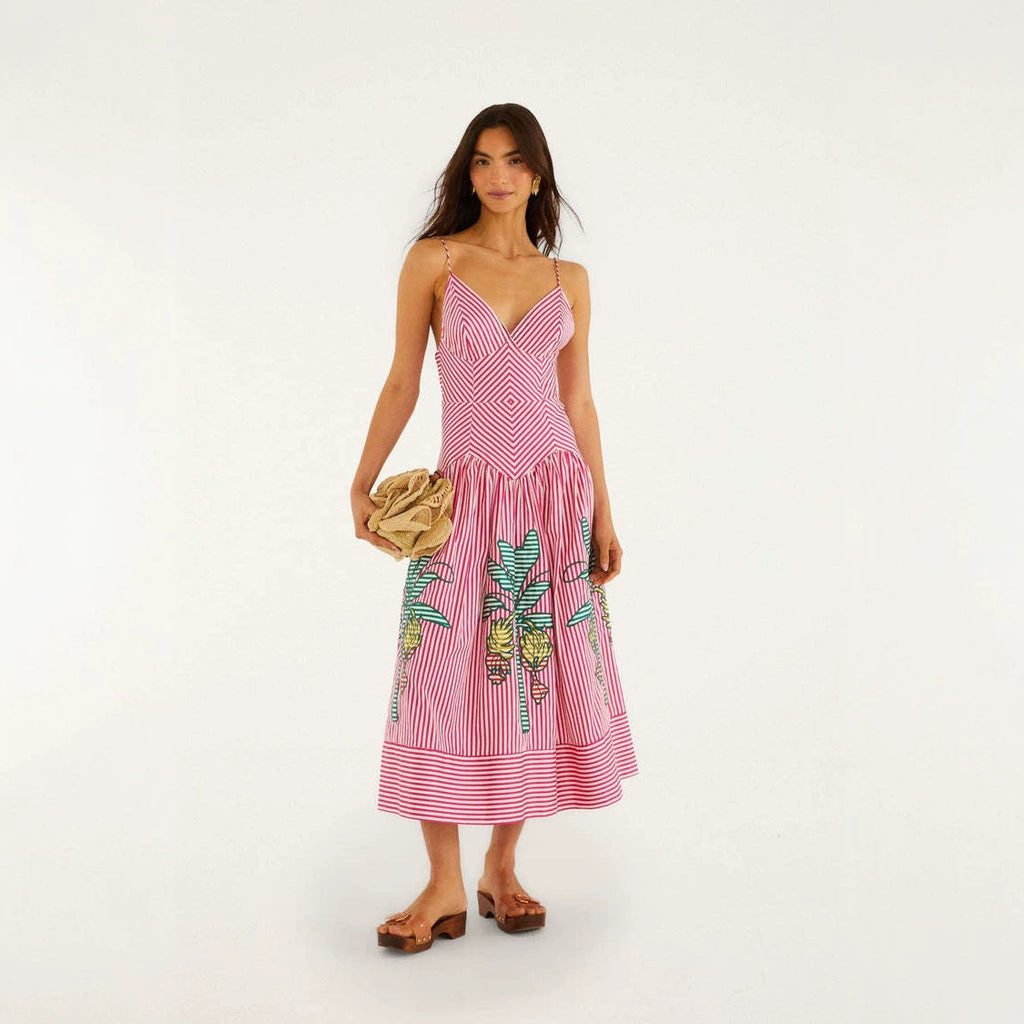 CAIDO Women's Linen Blend V-Neck Midi Dress Sleeveless Striped A-Line Dress