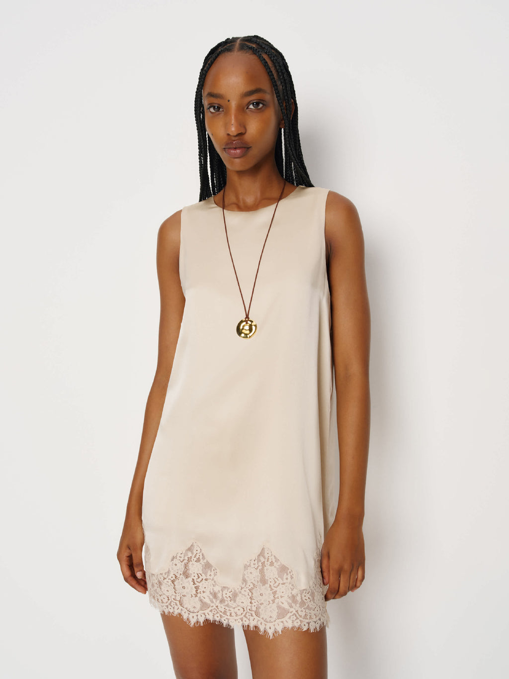 CAIDO Women's Acetate Satin Lace Trim Sleeveless Mini Dress