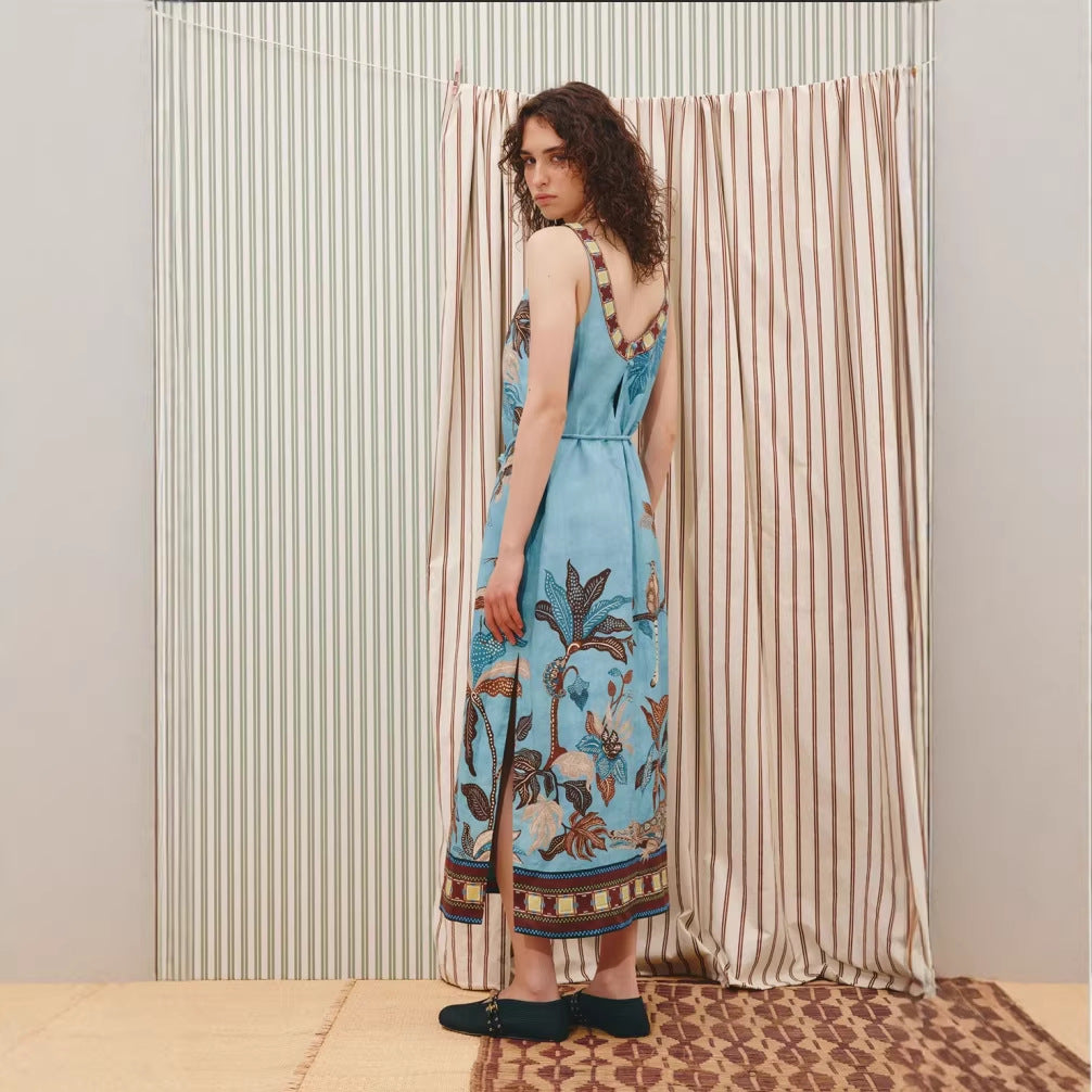 CAIDO Women's Linen Blend Floral Maxi Dress Sleeveless Full Skirt Dress