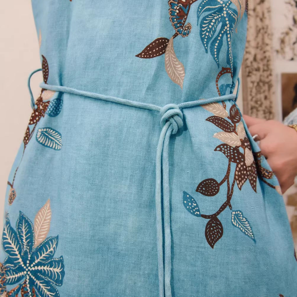 CAIDO Women's Linen Blend Floral Maxi Dress Sleeveless Full Skirt Dress