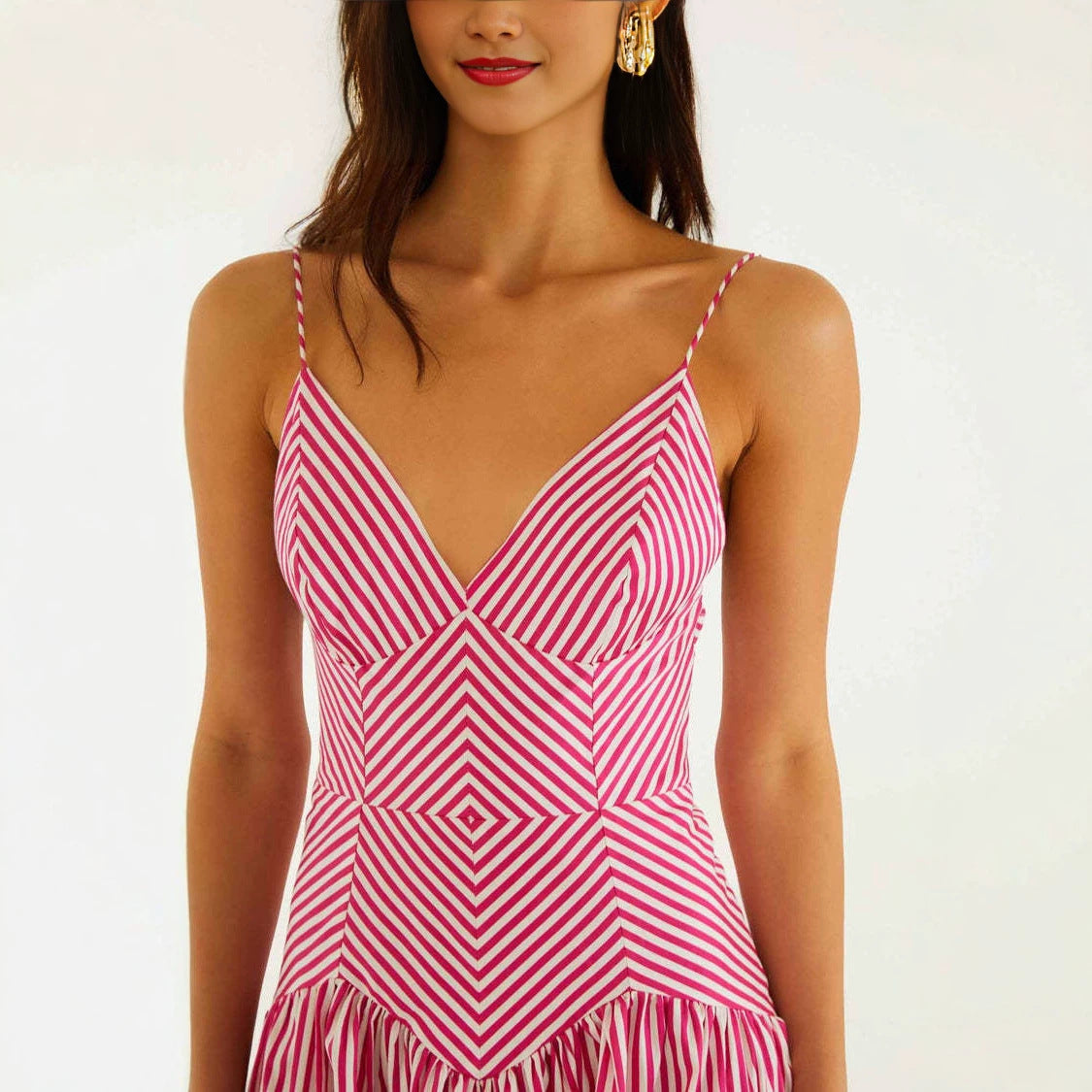 CAIDO Women's Linen Blend V-Neck Midi Dress Sleeveless Striped A-Line Dress