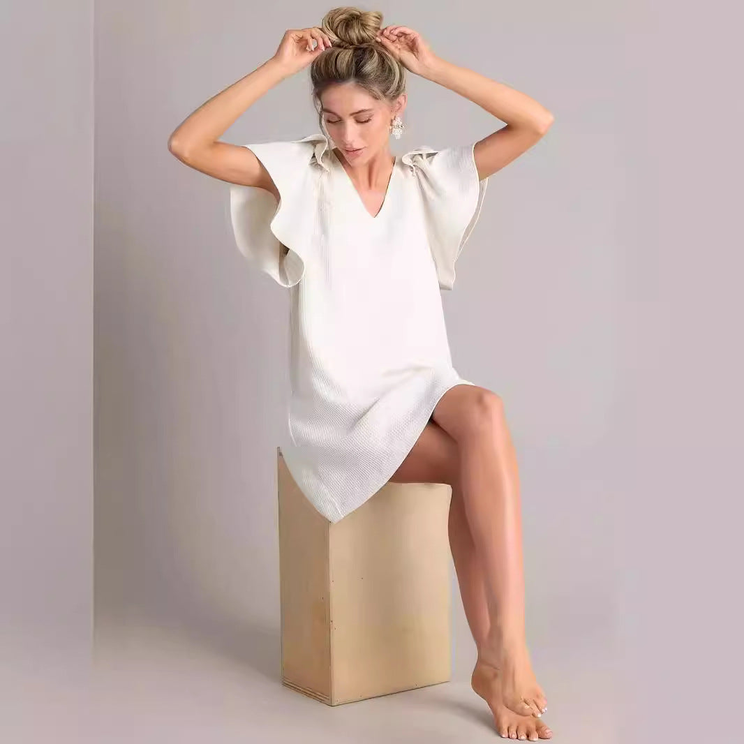 CAIDO Women's V-Neck Flutter Sleeve A-Line Dress Loose Fit Polyester Dress